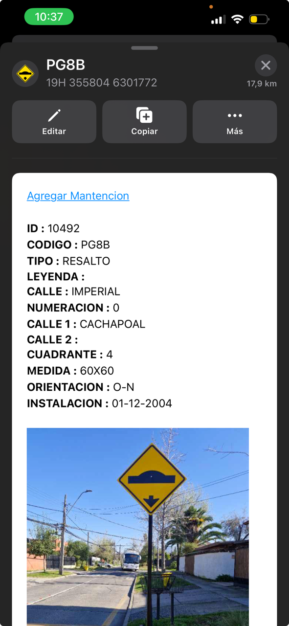 Ficha móvil de una señal de tránsito